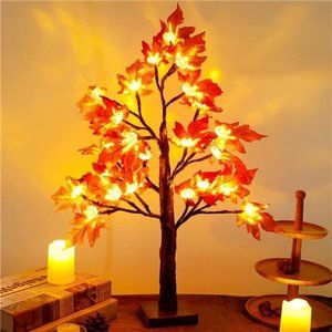 22 Inch Thanksgiving Artificial Maple Tree with Pumpkin LED Lights and Timer